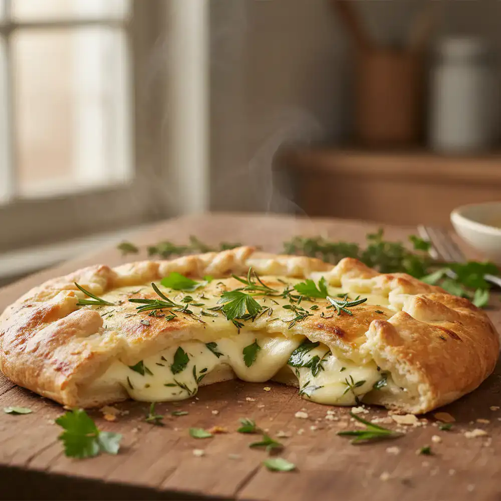 Een aangesneden punt galette met verse kruiden en kaas