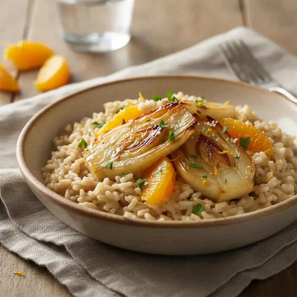 Risotto met gekarameliseerde venkel en sinaasappel