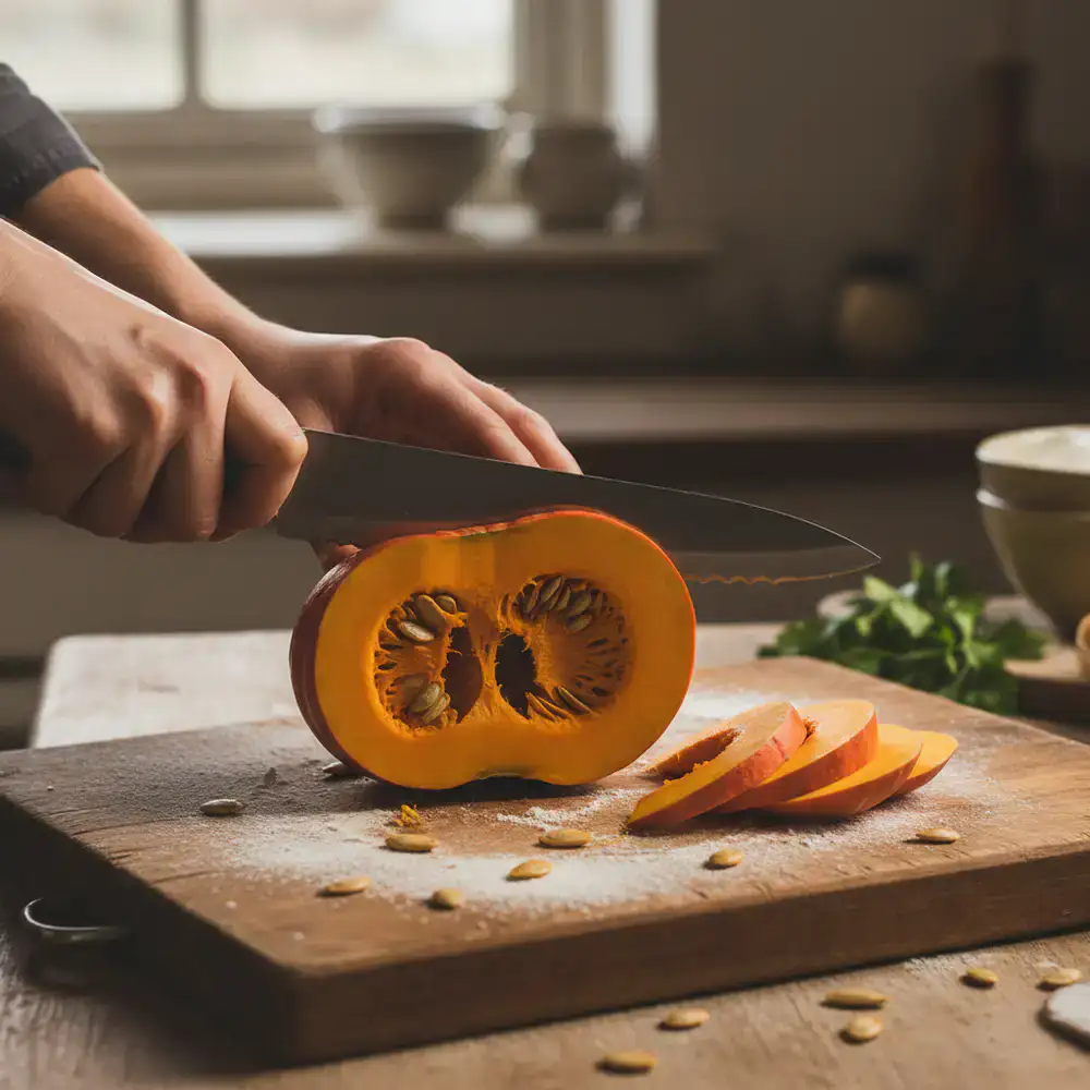 Snijden van verse pompoen op een houten plank