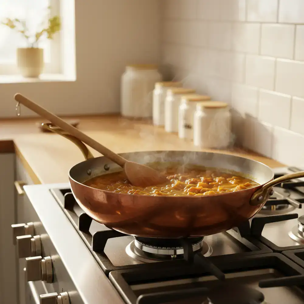 Een brede pan en houten lepel op het fornuis