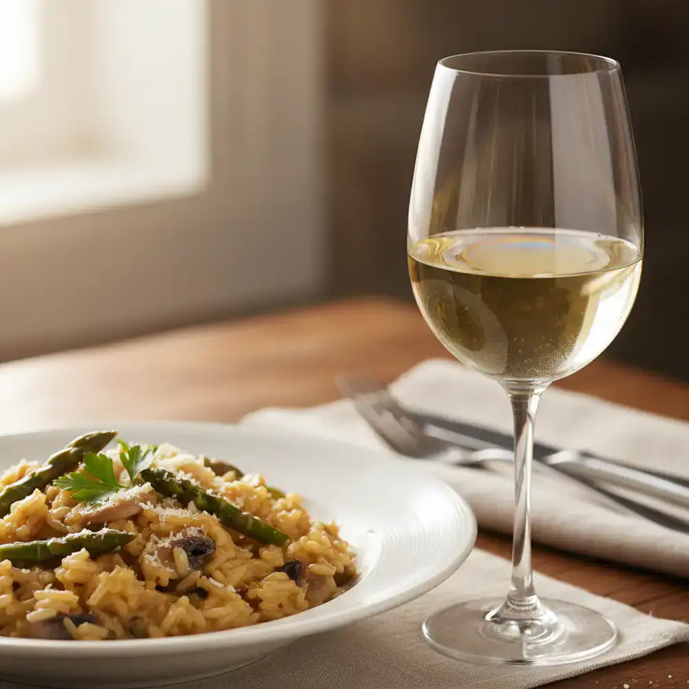 Een glas witte wijn naast het bord risotto