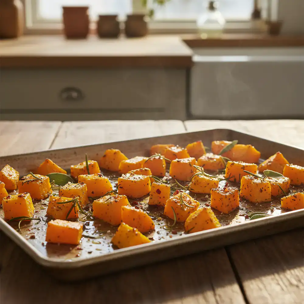Geroosterde pompoenblokjes op een bakplaat