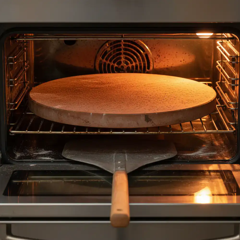Een dikke pizzasteen in de oven
