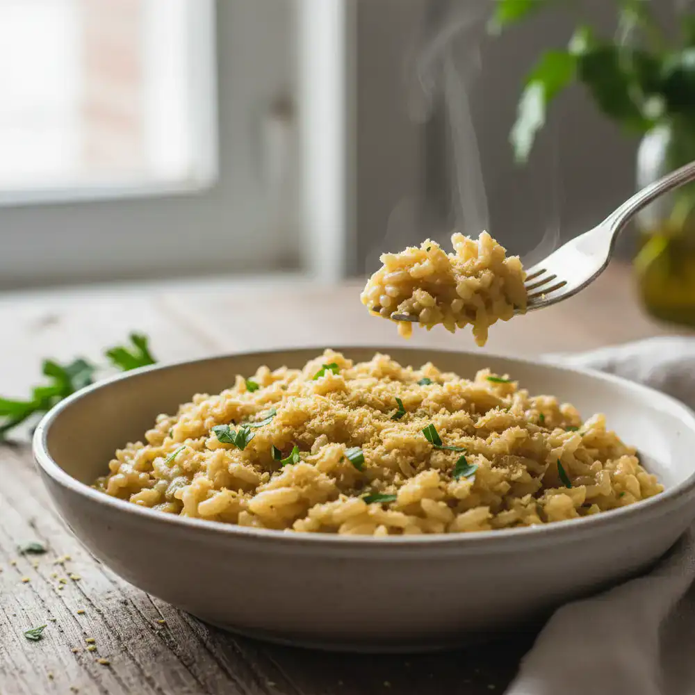 Veganistische risotto afwerking met edelgistvlokken